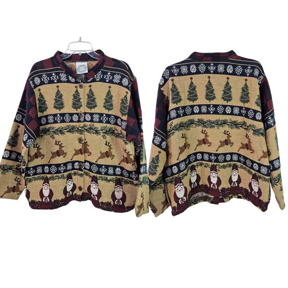 Sugar Street Weavers Vintage USA Red Green Santa Reindeer Tapestry Jacket L - Picture 2 of 7